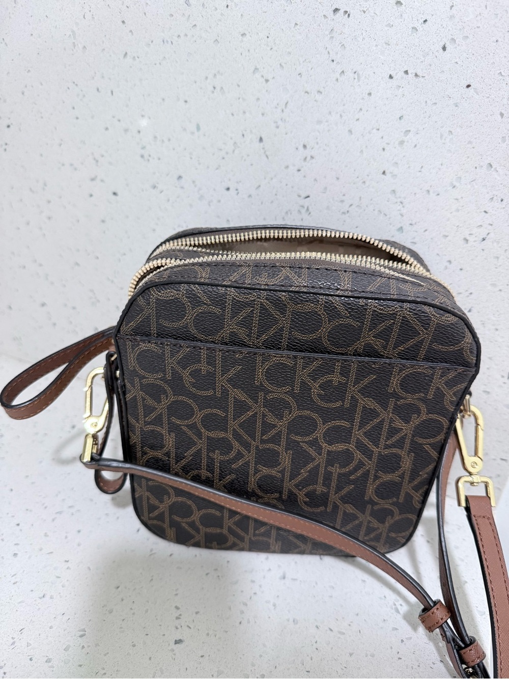 Calvin Klein Brown Monogram Square Crossbody with Tan Strap - Picture 7 of 7